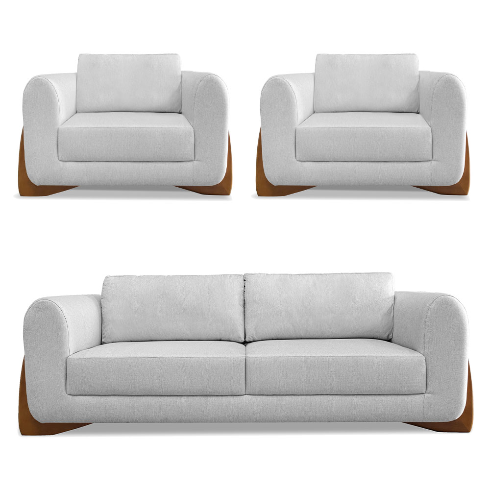 Kit 2 Poltronas e Sofá Living 2 Lugares 1,80m Lottus Linho Cinza Pés Castanho - Pallazio