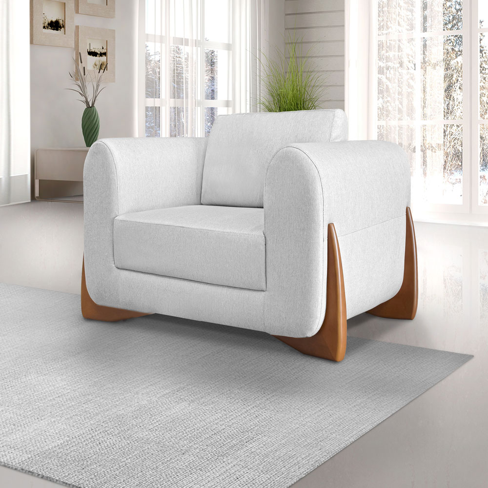 Kit 2 Poltronas e Sofá Living 2 Lugares 1,80m Lottus Linho Cinza Pés Castanho - Pallazio