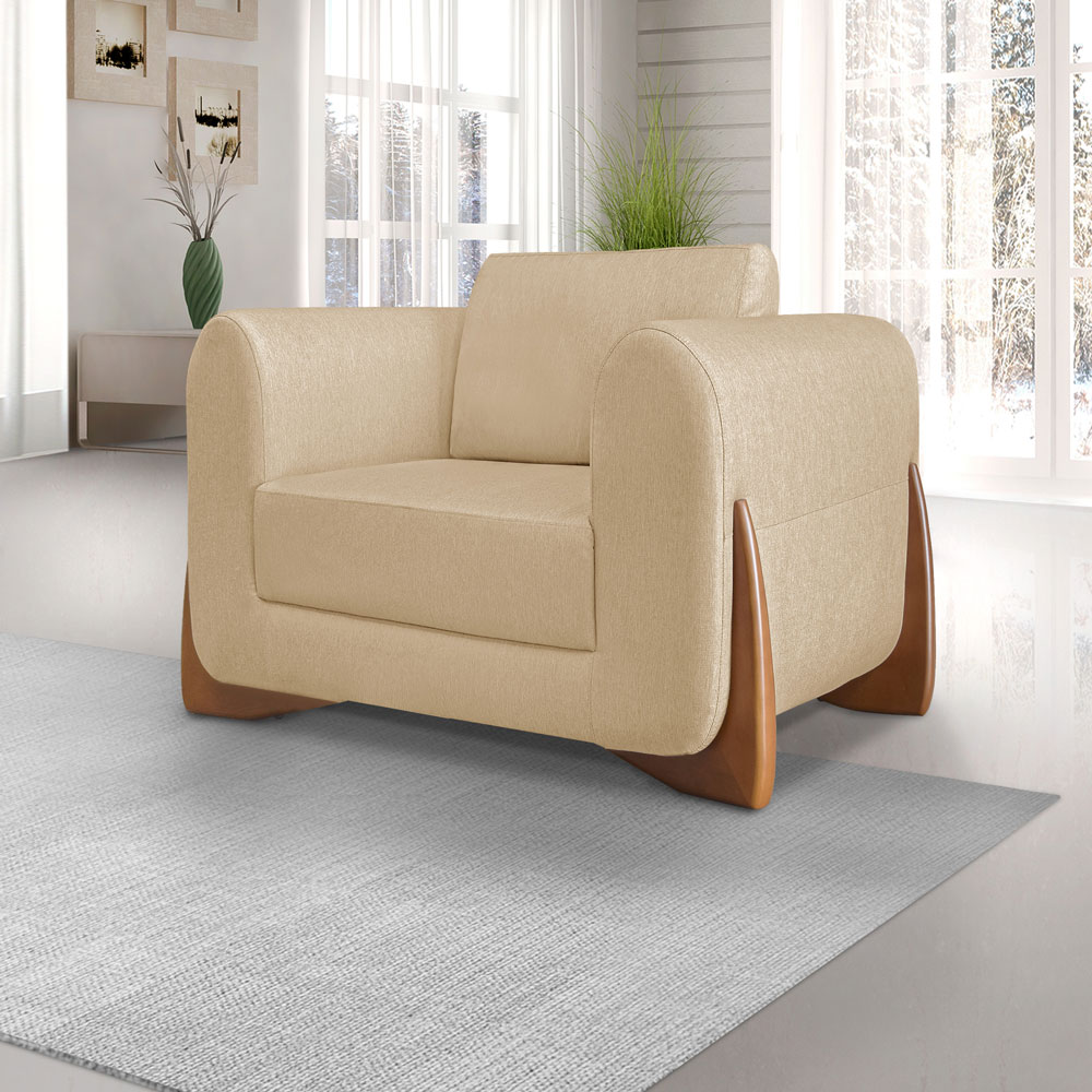 Kit 2 Poltronas e Sofá Living 2 Lugares 1,80m Lottus Linho Dourado Pés Castanho - Pallazio