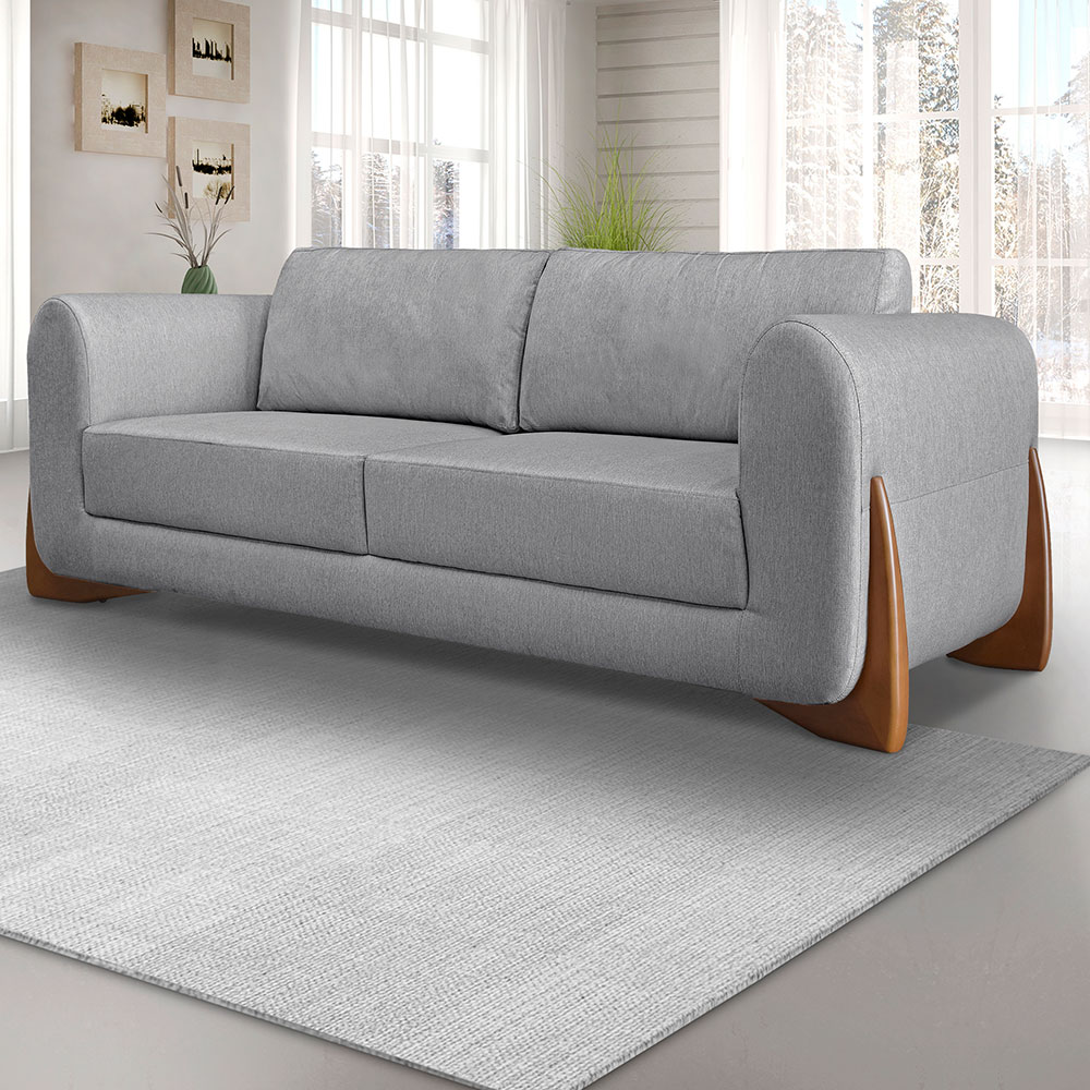 Kit 2 Poltronas e Sofá Living 2 Lugares 1,80m Lottus Linho Grafite Pés Castanho - Pallazio
