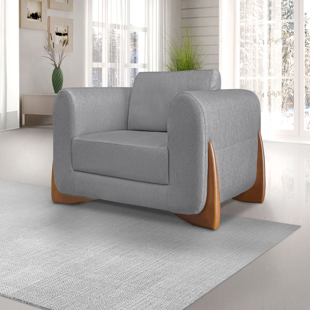 Kit 2 Poltronas e Sofá Living 2 Lugares 1,80m Lottus Linho Grafite Pés Castanho - Pallazio