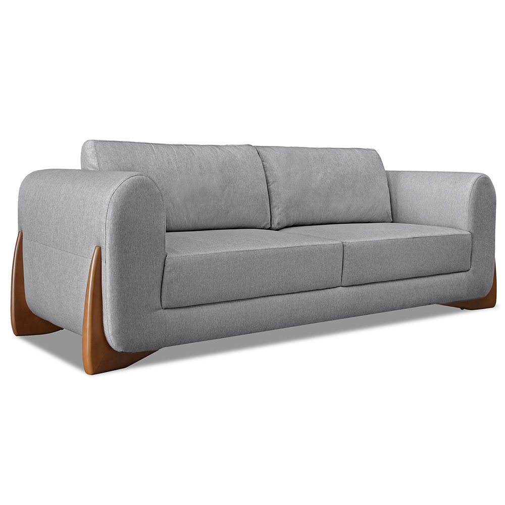 Kit 2 Poltronas e Sofá Living 2 Lugares 1,80m Lottus Linho Grafite Pés Castanho - Pallazio