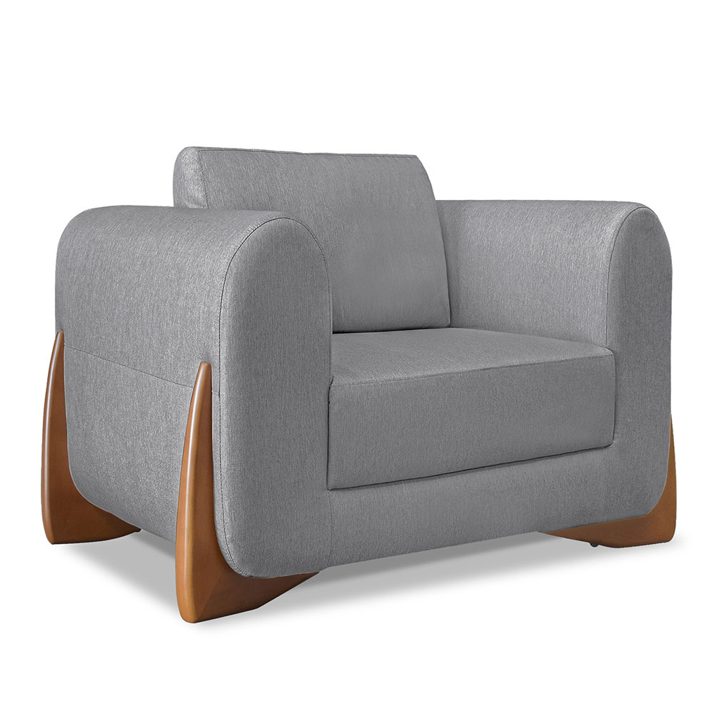 Kit 2 Poltronas e Sofá Living 2 Lugares 1,80m Lottus Linho Grafite Pés Castanho - Pallazio