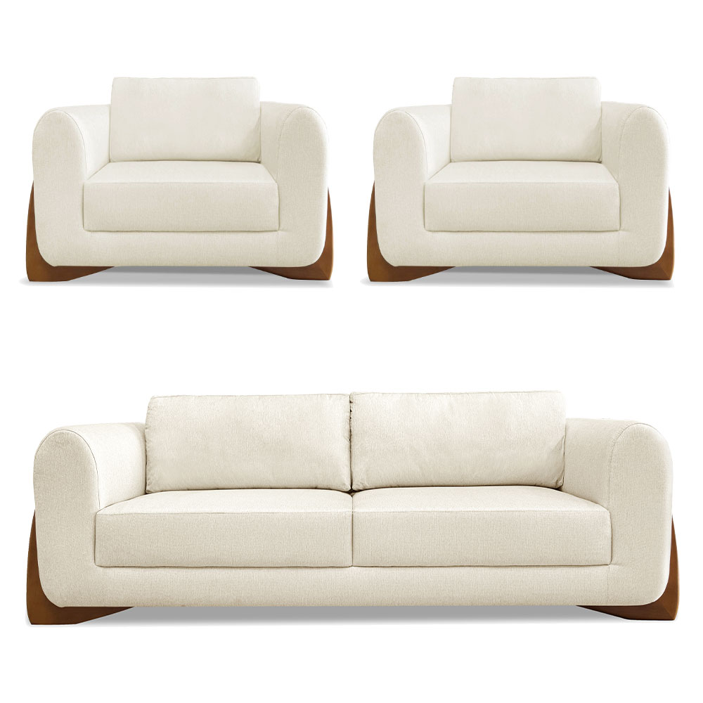 Kit 2 Poltronas e Sofá Living 2 Lugares 1,80m Lottus Linho Natural Pés Castanho - Pallazio