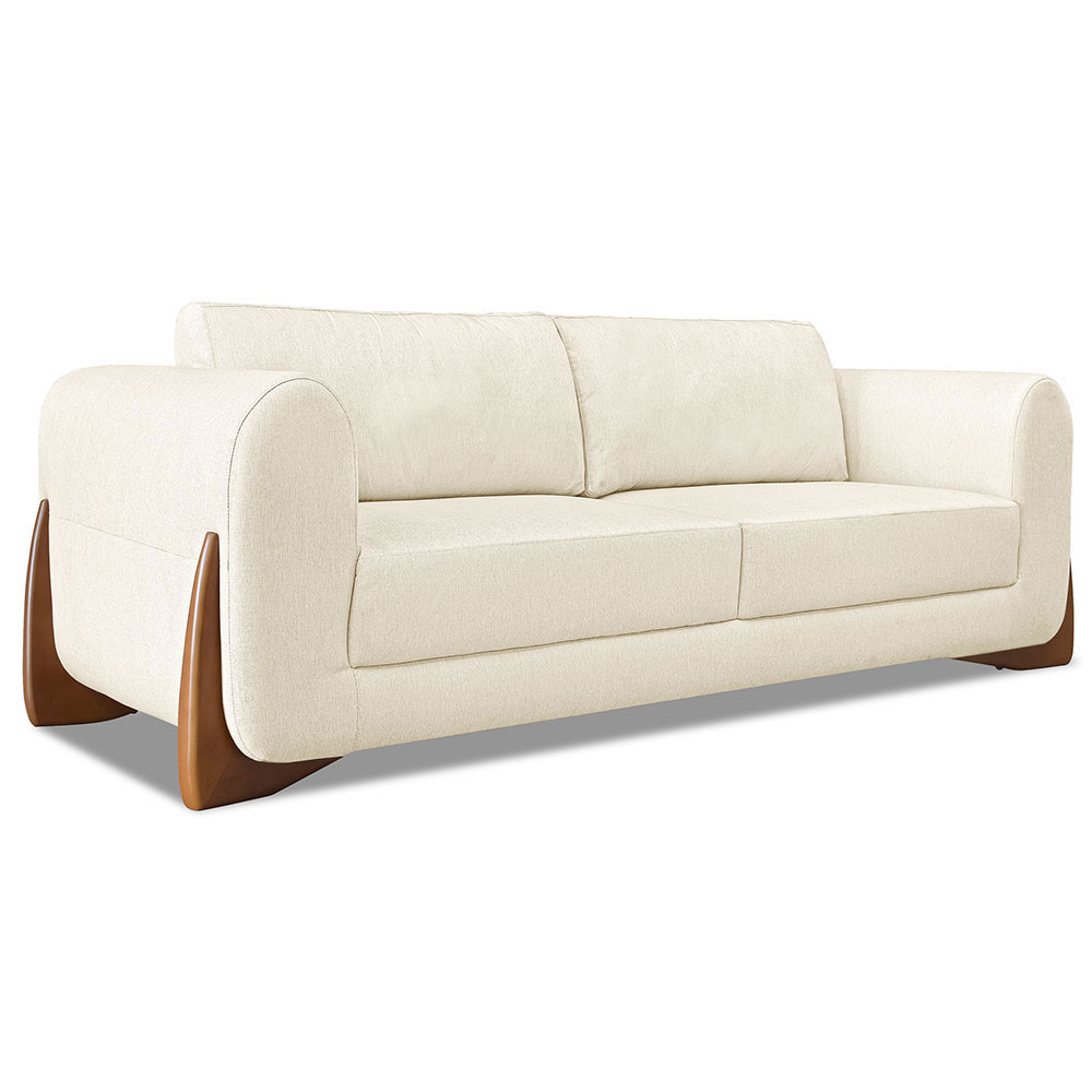 Kit 2 Poltronas e Sofá Living 2 Lugares 1,80m Lottus Linho Natural Pés Castanho - Pallazio