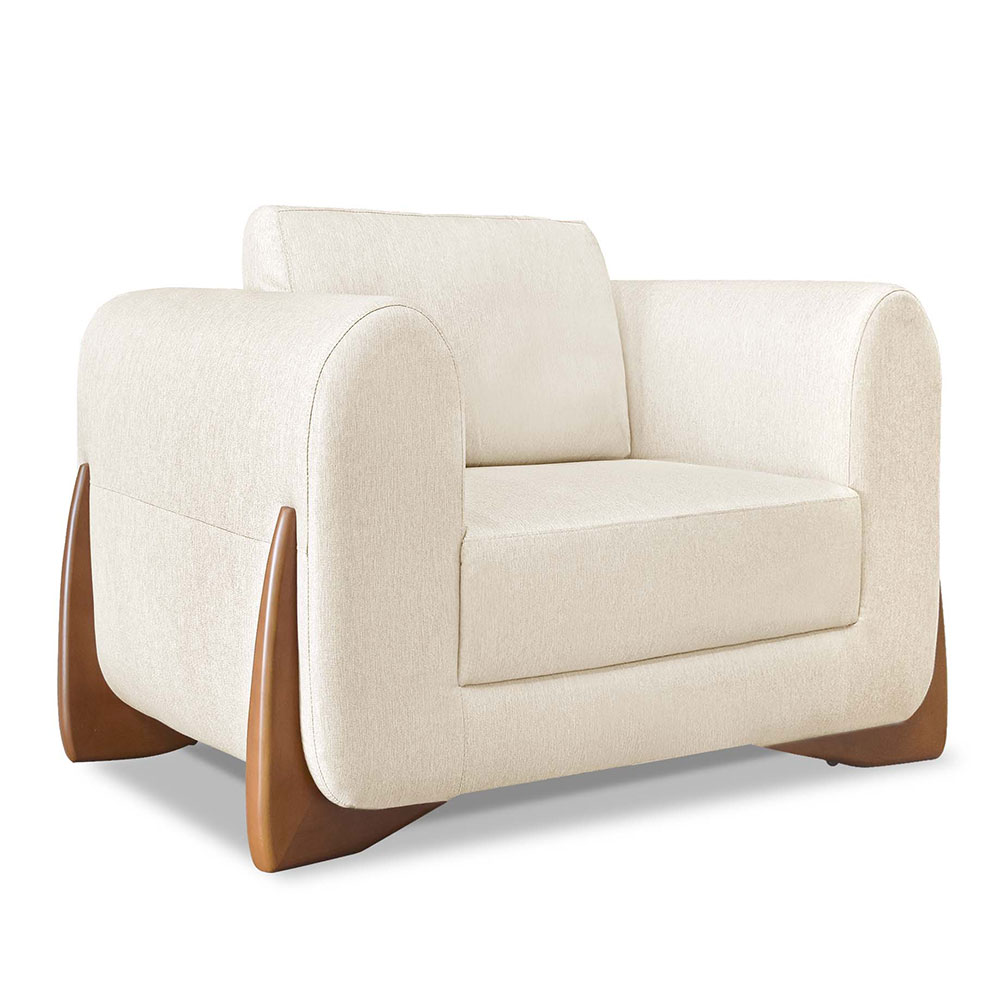 Kit 2 Poltronas e Sofá Living 2 Lugares 1,80m Lottus Linho Natural Pés Castanho - Pallazio