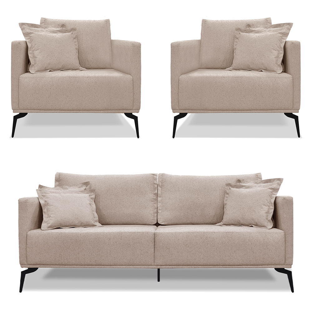Kit 2 Poltronas e Sofá Living 2 Lugares 1,80m Sirius Linho Areia Pés Metálicos - Pallazio