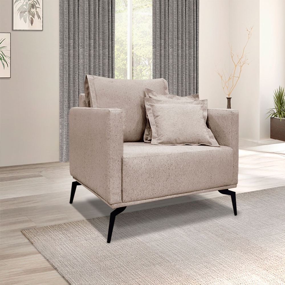 Kit 2 Poltronas e Sofá Living 2 Lugares 1,80m Sirius Linho Areia Pés Metálicos - Pallazio