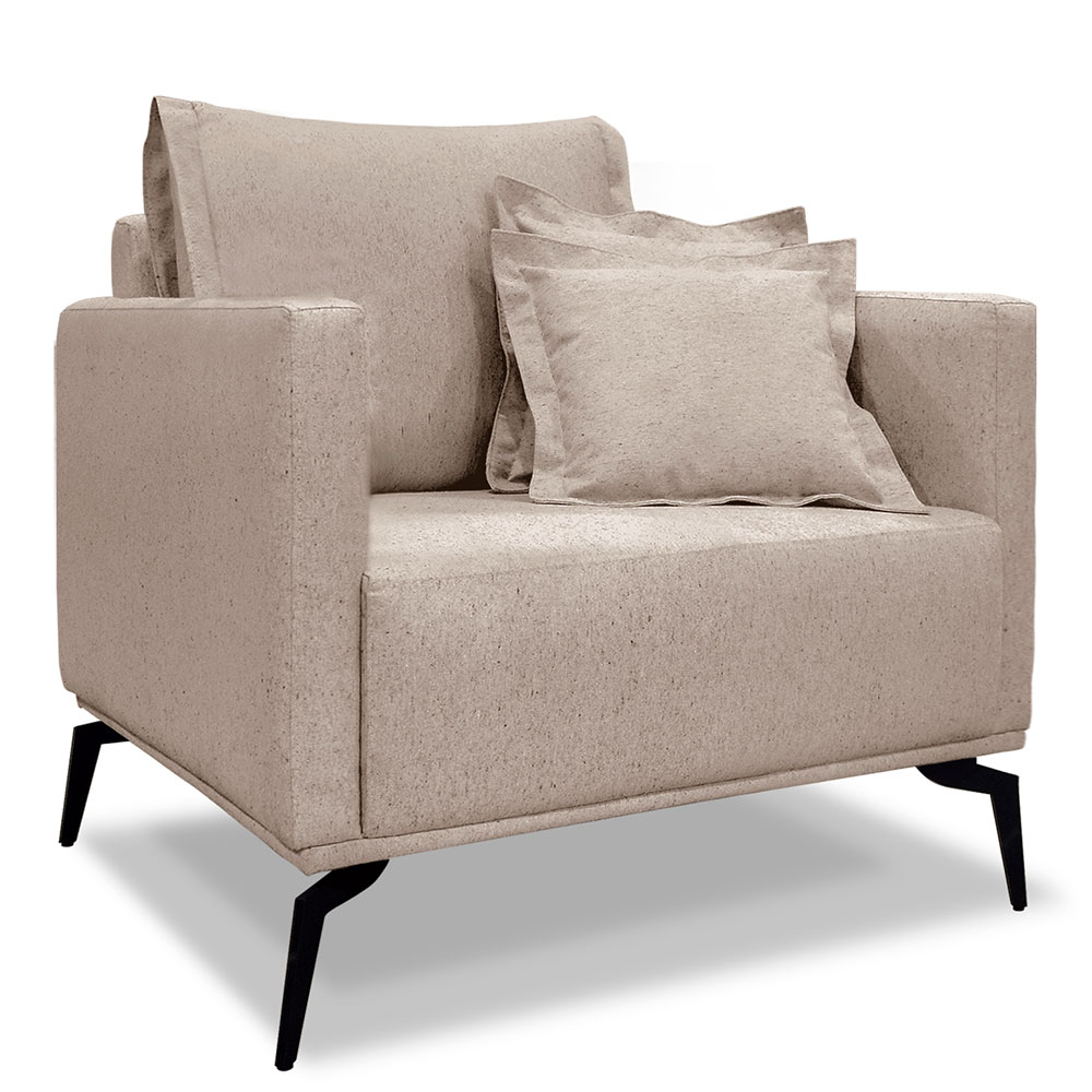 Kit 2 Poltronas e Sofá Living 2 Lugares 1,80m Sirius Linho Areia Pés Metálicos - Pallazio