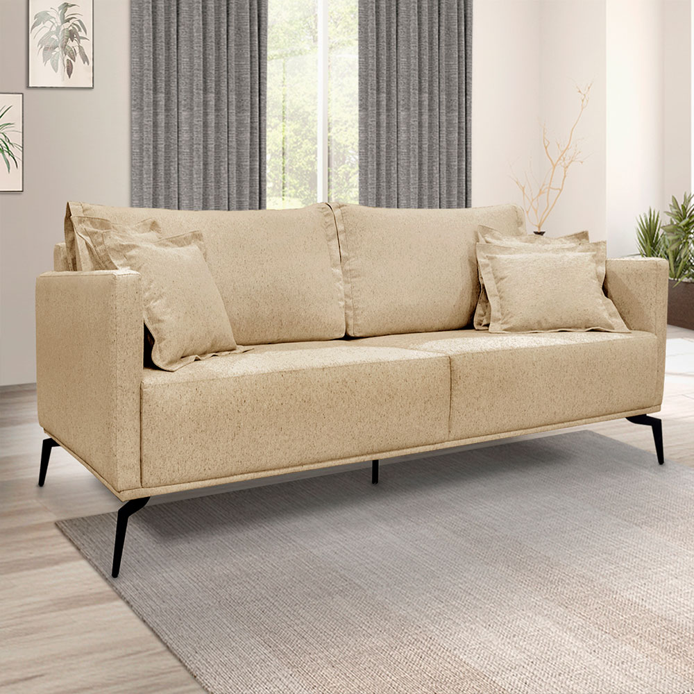 Kit 2 Poltronas e Sofá Living 2 Lugares 1,80m Sirius Linho Dourado Pés Metálicos - Pallazio