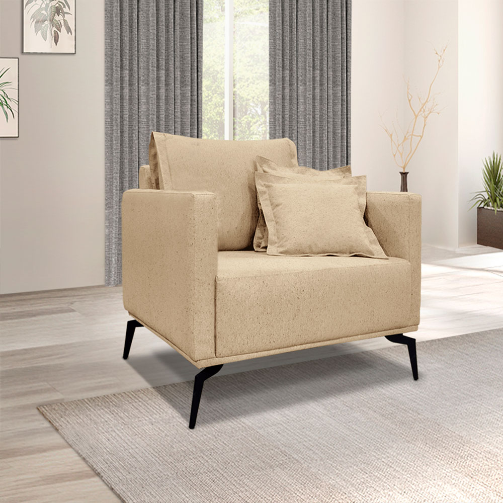 Kit 2 Poltronas e Sofá Living 2 Lugares 1,80m Sirius Linho Dourado Pés Metálicos - Pallazio