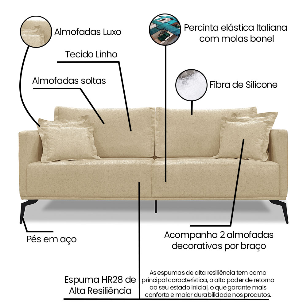 Kit 2 Poltronas e Sofá Living 2 Lugares 1,80m Sirius Linho Dourado Pés Metálicos - Pallazio