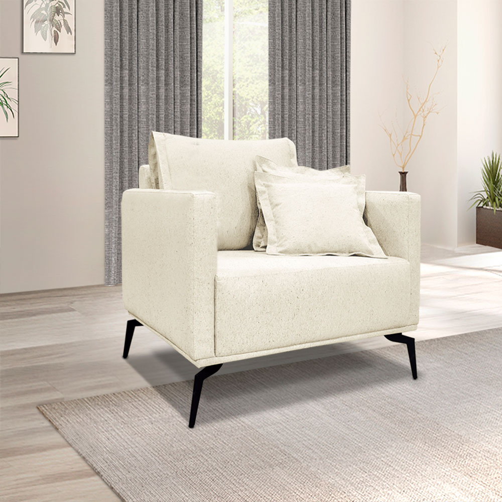 Kit 2 Poltronas e Sofá Living 2 Lugares 1,80m Sirius Linho Natural Pés Metálicos - Pallazio