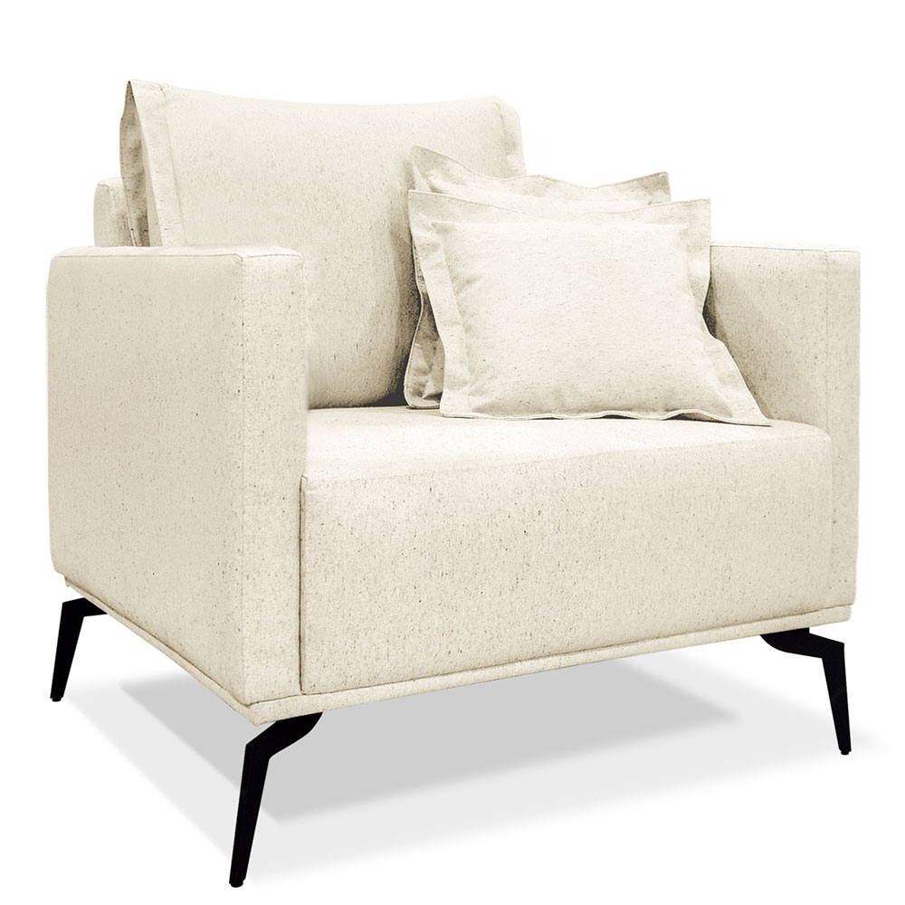 Kit 2 Poltronas e Sofá Living 2 Lugares 1,80m Sirius Linho Natural Pés Metálicos - Pallazio