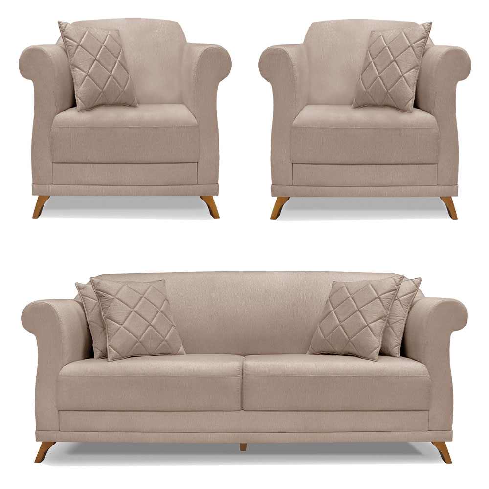 Kit 2 Poltronas e Sofá Living 2 Lugares 1,80m Vênus Linho Areia Pés Castanho - Pallazio