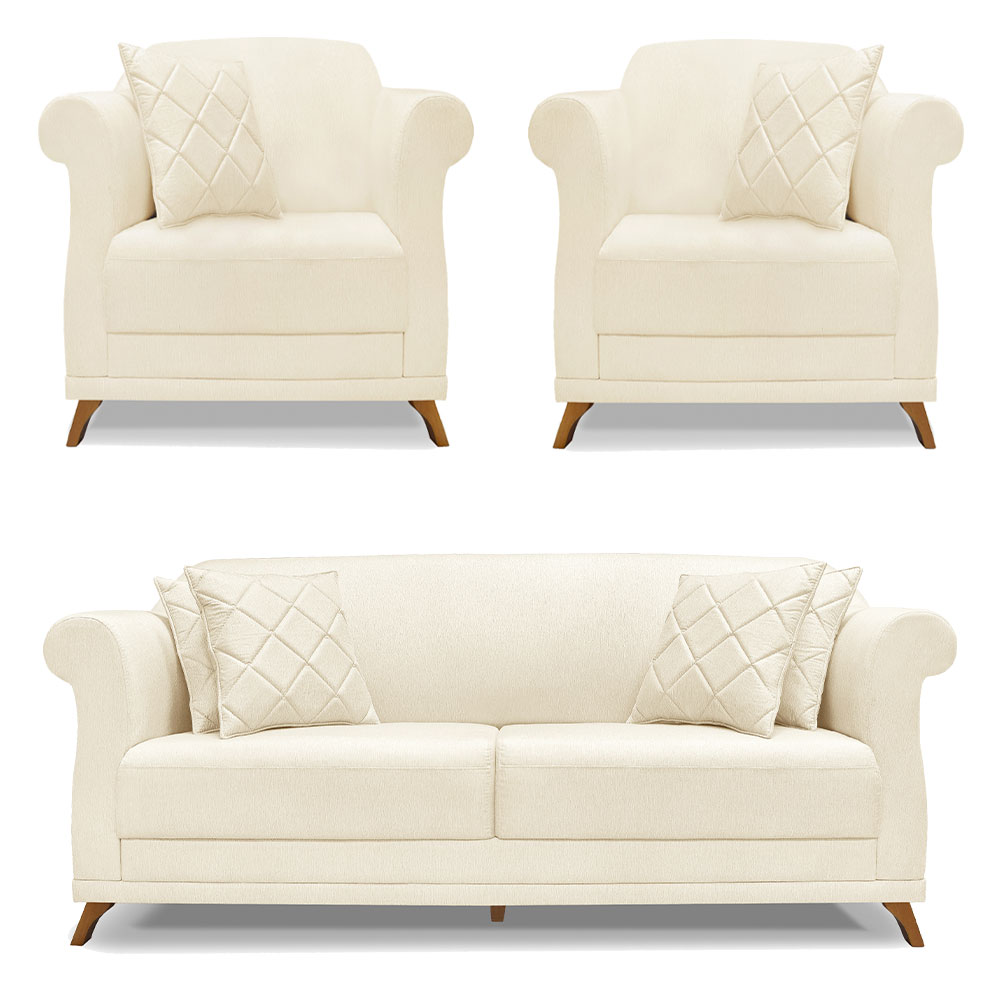 Kit 2 Poltronas e Sofá Living 2 Lugares 1,80m Vênus Linho Bege Pés Castanho - Pallazio