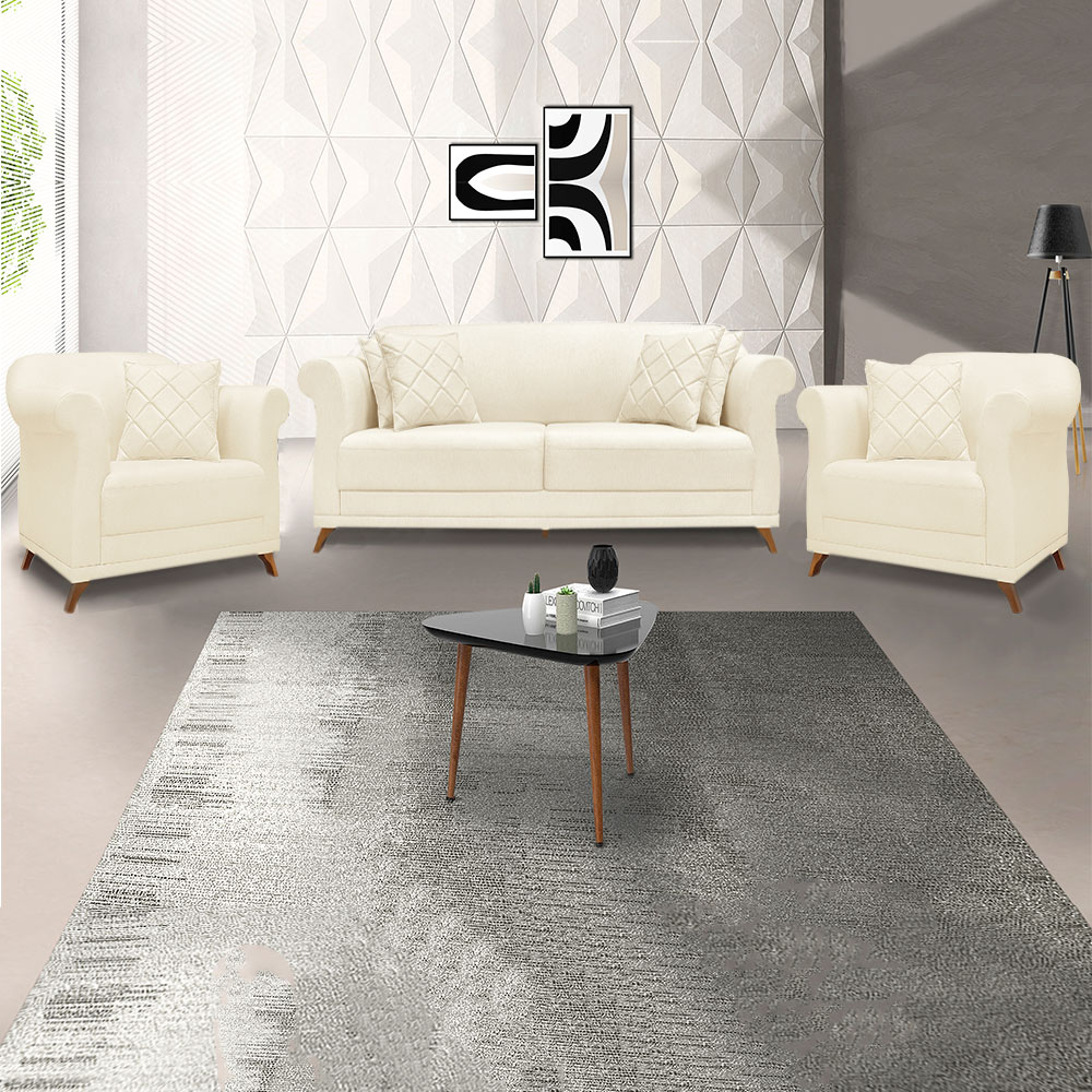 Kit 2 Poltronas e Sofá Living 2 Lugares 1,80m Vênus Linho Bege Pés Castanho - Pallazio