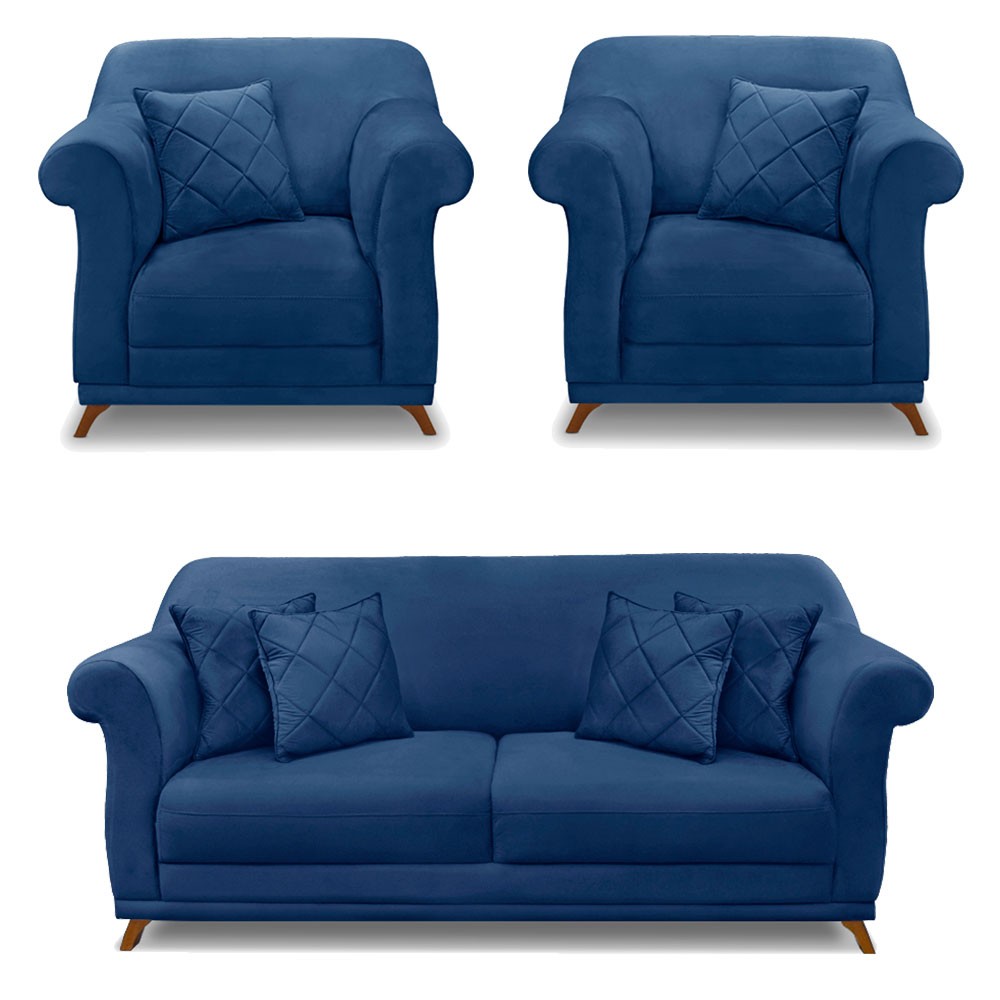 Kit 2 Poltronas e Sofá Living 2 Lugares 1,80m Vênus Suede Azul Marinho Pés Castanho - Pallazio