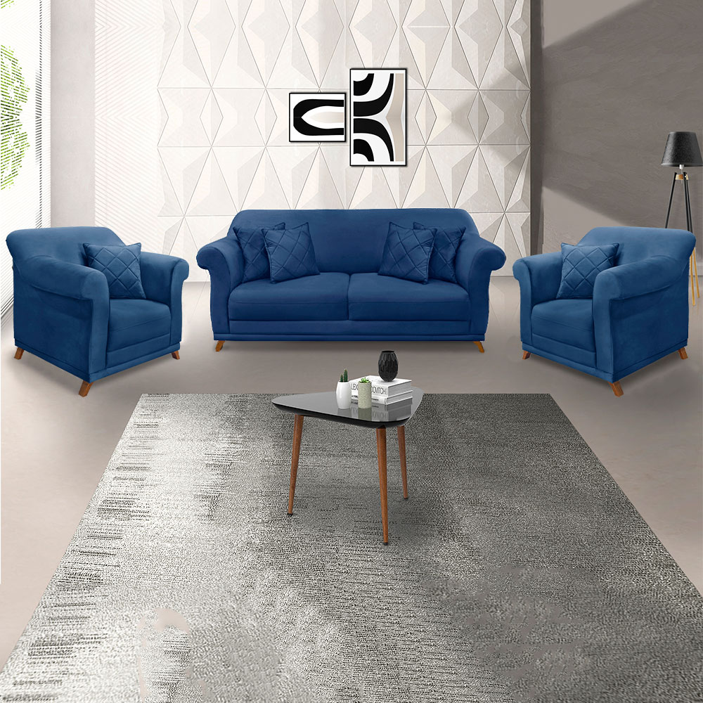 Kit 2 Poltronas e Sofá Living 2 Lugares 1,80m Vênus Suede Azul Marinho Pés Castanho - Pallazio