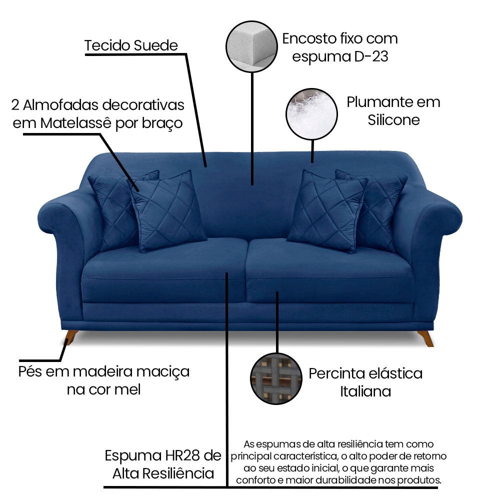 Kit 2 Poltronas e Sofá Living 2 Lugares 1,80m Vênus Suede Azul Marinho Pés Castanho - Pallazio