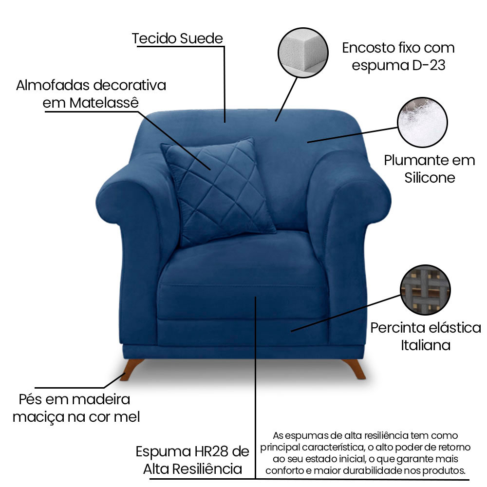 Kit 2 Poltronas e Sofá Living 2 Lugares 1,80m Vênus Suede Azul Marinho Pés Castanho - Pallazio
