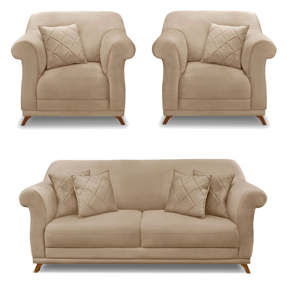 Kit 2 Poltronas e Sofá Living 2 Lugares 1,80m Vênus Suede Bege Pés Castanho - Pallazio