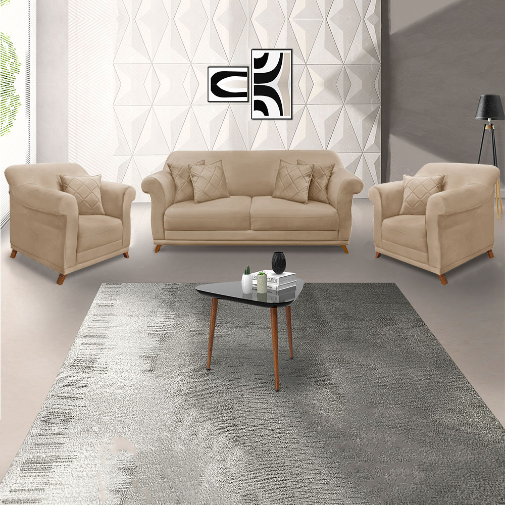 Kit 2 Poltronas e Sofá Living 2 Lugares 1,80m Vênus Suede Bege Pés Castanho - Pallazio