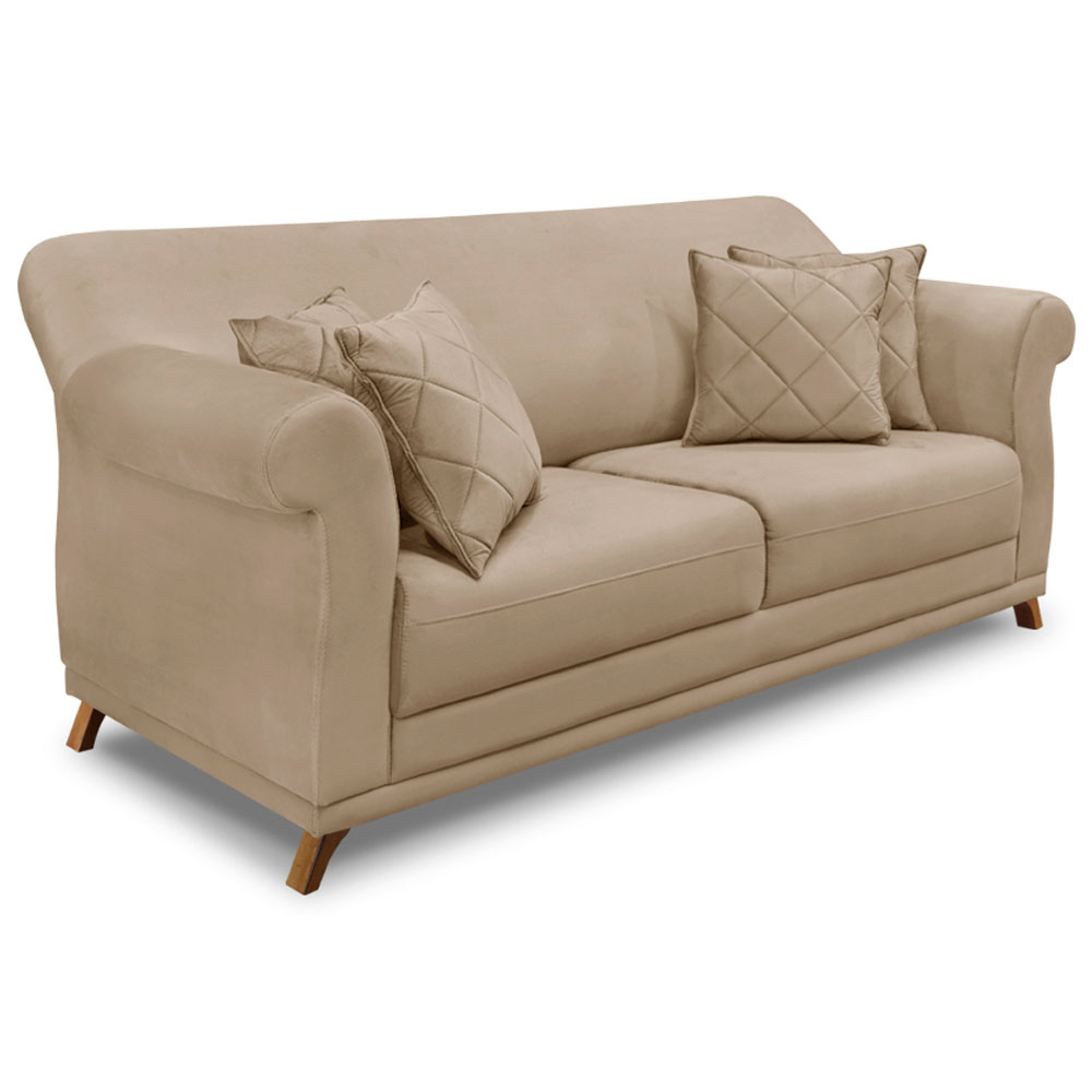 Kit 2 Poltronas e Sofá Living 2 Lugares 1,80m Vênus Suede Bege Pés Castanho - Pallazio