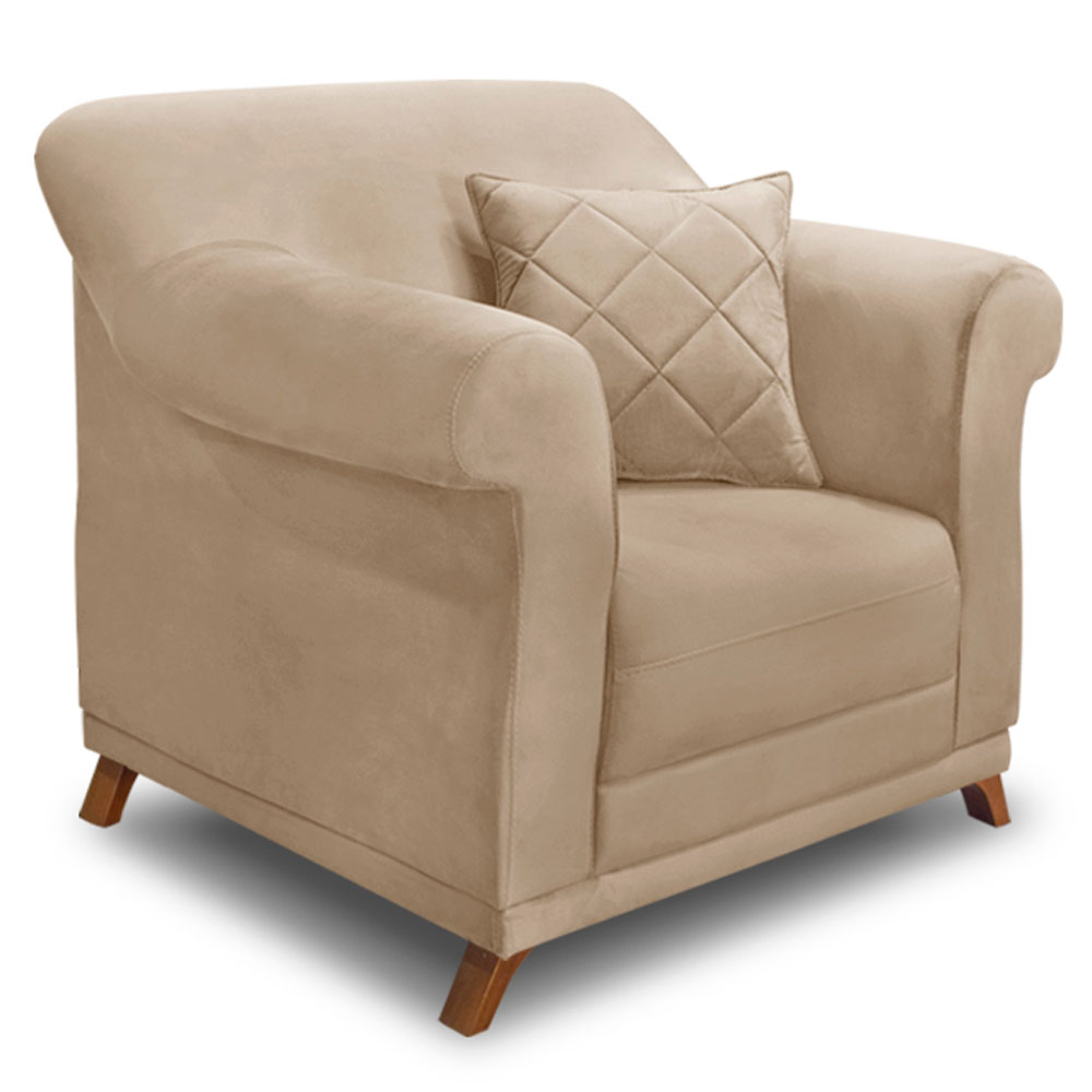Kit 2 Poltronas e Sofá Living 2 Lugares 1,80m Vênus Suede Bege Pés Castanho - Pallazio