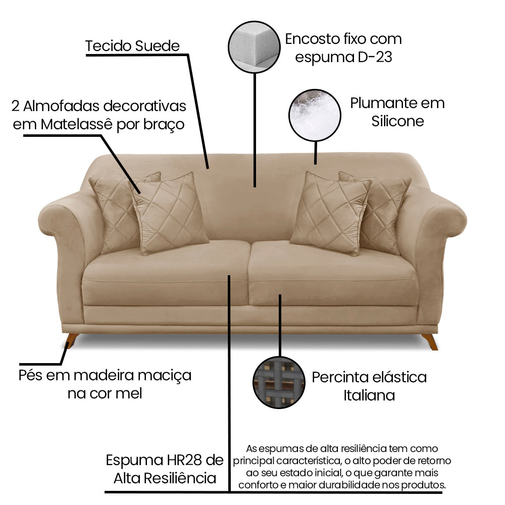 Kit 2 Poltronas e Sofá Living 2 Lugares 1,80m Vênus Suede Bege Pés Castanho - Pallazio