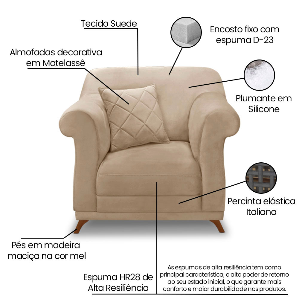 Kit 2 Poltronas e Sofá Living 2 Lugares 1,80m Vênus Suede Bege Pés Castanho - Pallazio