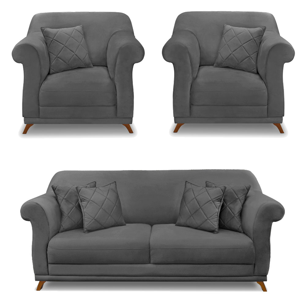 Kit 2 Poltronas e Sofá Living 2 Lugares 1,80m Vênus Suede Cinza Pés Castanho - Pallazio
