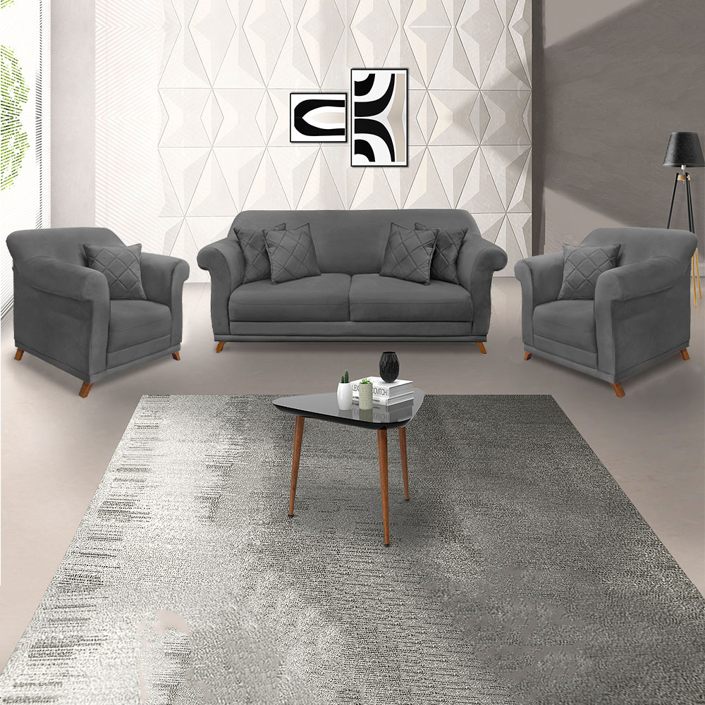 Kit 2 Poltronas e Sofá Living 2 Lugares 1,80m Vênus Suede Cinza Pés Castanho - Pallazio