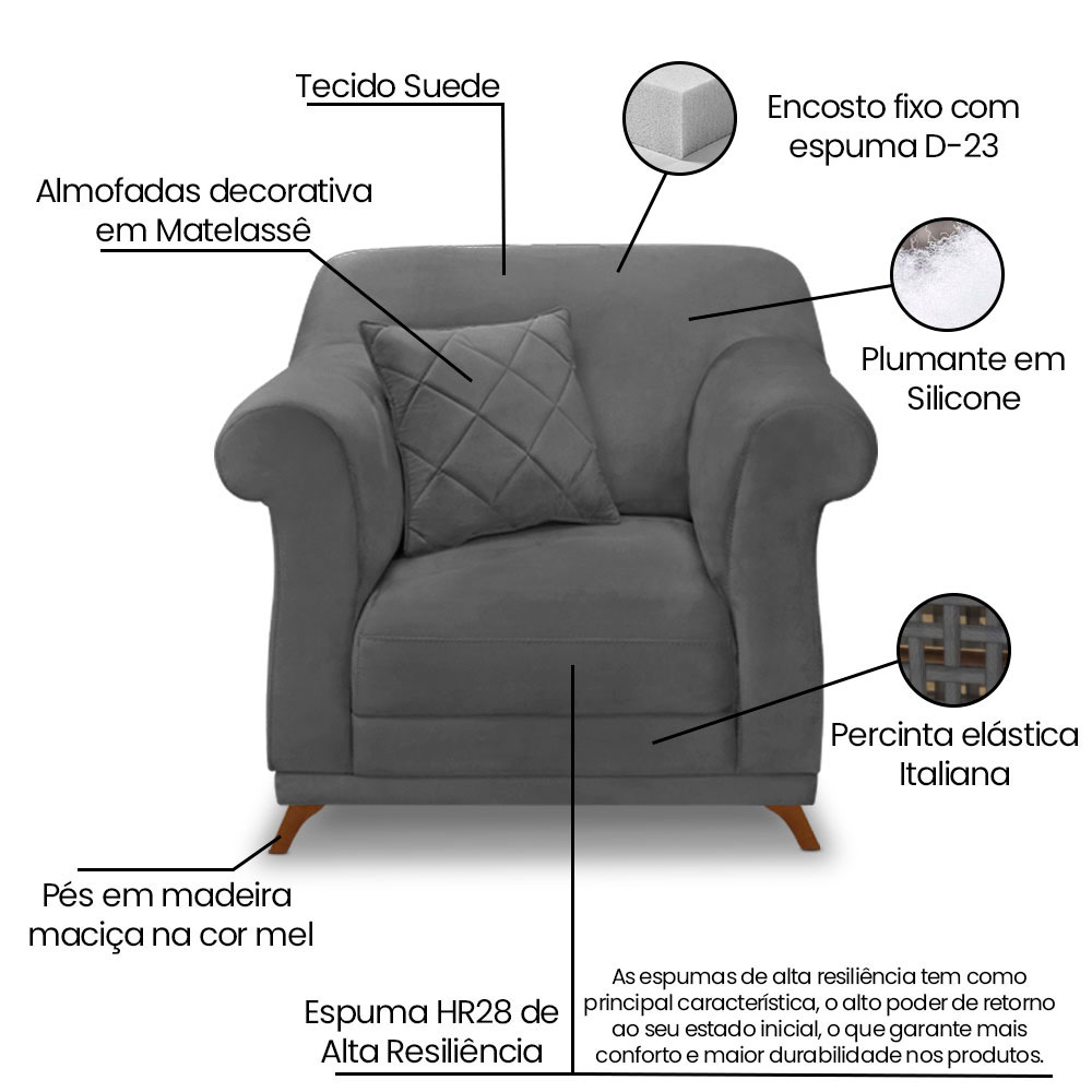 Kit 2 Poltronas e Sofá Living 2 Lugares 1,80m Vênus Suede Cinza Pés Castanho - Pallazio