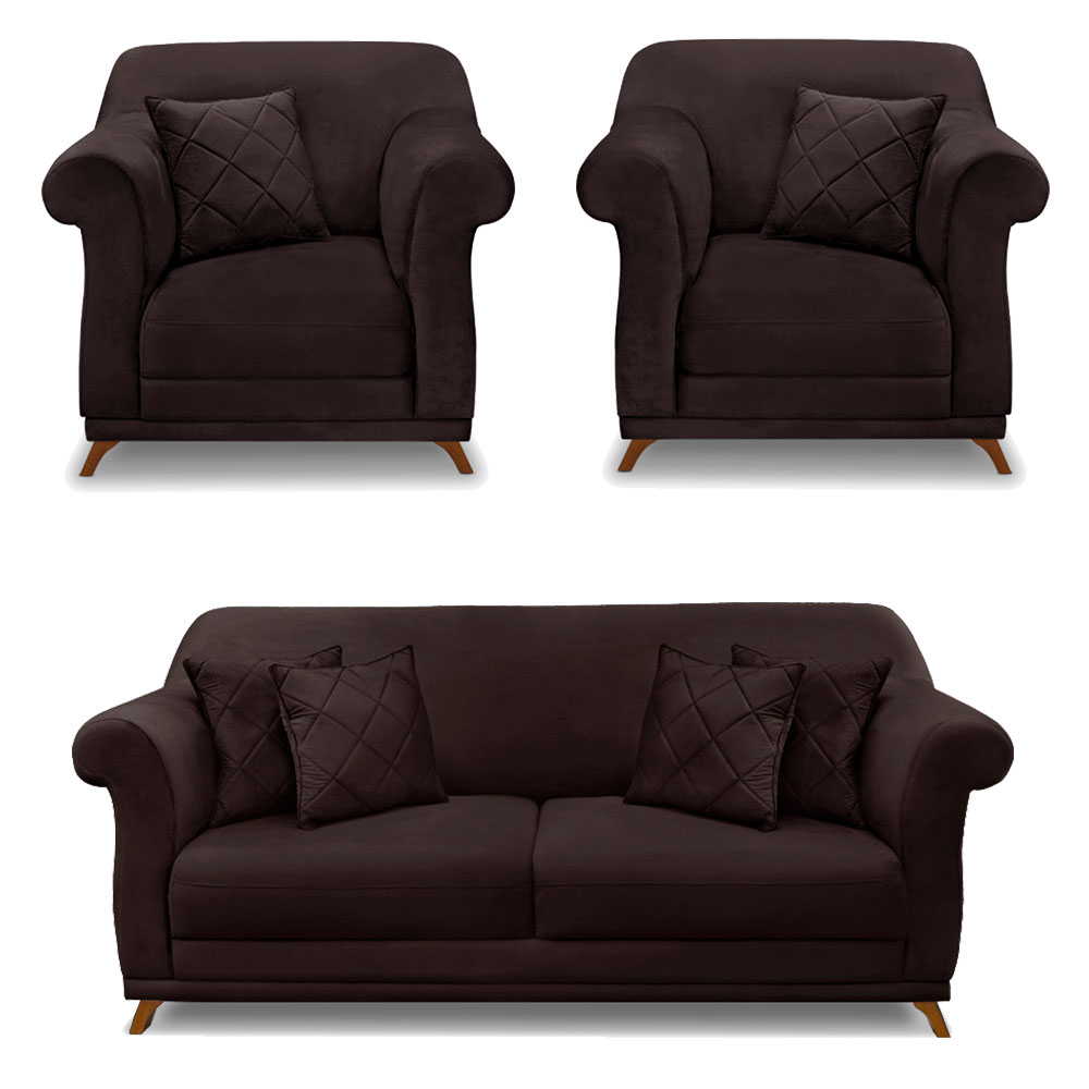 Kit 2 Poltronas e Sofá Living 2 Lugares 1,80m Vênus Suede Marrom Café Pés Castanho - Pallazio