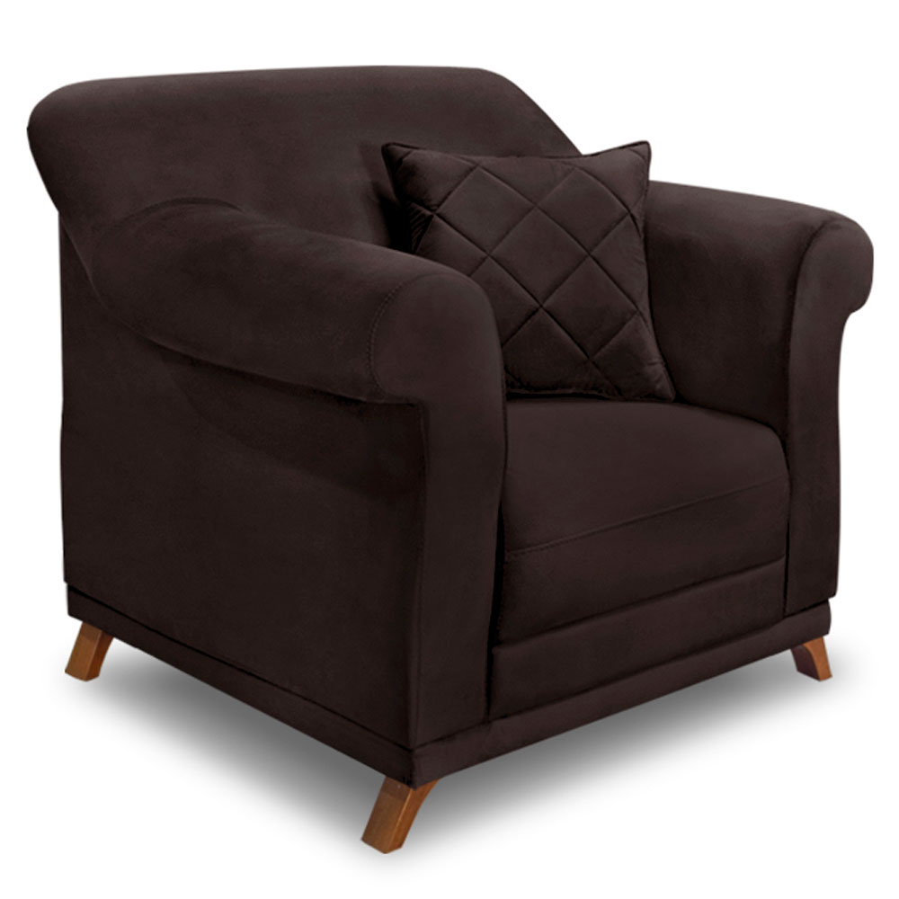 Kit 2 Poltronas e Sofá Living 2 Lugares 1,80m Vênus Suede Marrom Café Pés Castanho - Pallazio