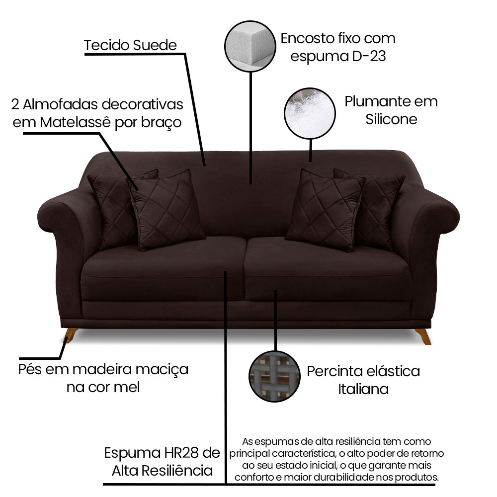 Kit 2 Poltronas e Sofá Living 2 Lugares 1,80m Vênus Suede Marrom Café Pés Castanho - Pallazio