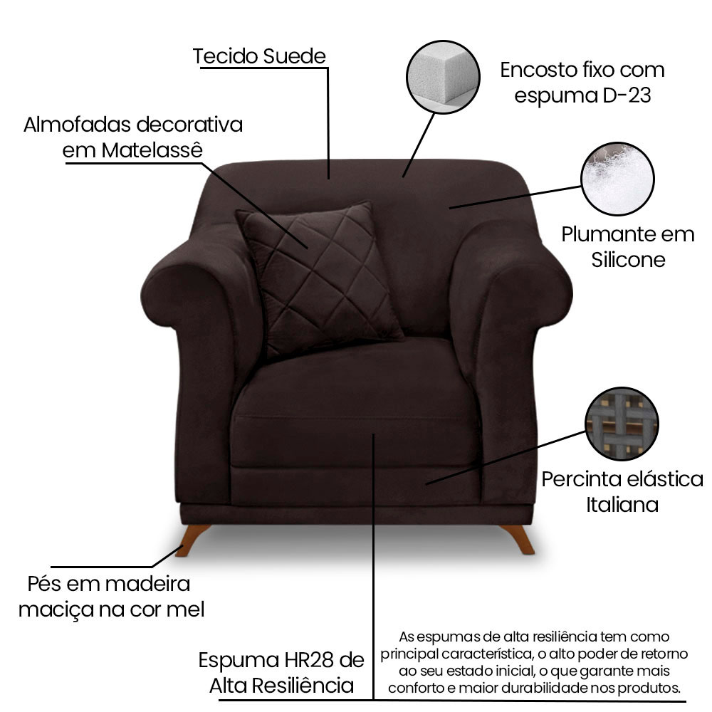 Kit 2 Poltronas e Sofá Living 2 Lugares 1,80m Vênus Suede Marrom Café Pés Castanho - Pallazio