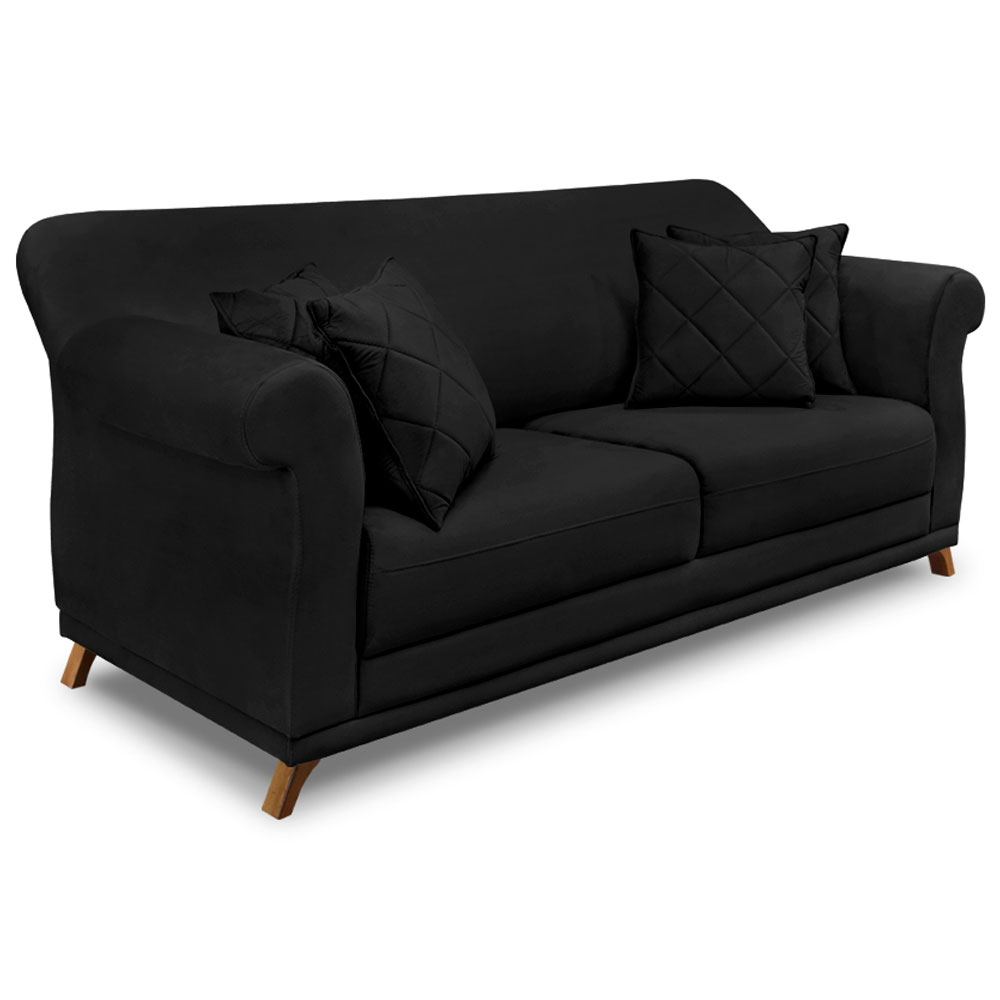 Kit 2 Poltronas e Sofá Living 2 Lugares 1,80m Vênus Suede Preto Pés Castanho - Pallazio