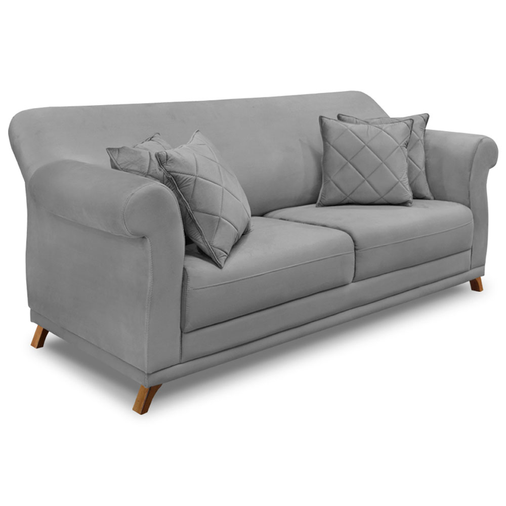 Kit 2 Poltronas e Sofá Living 2 Lugares 1,80m Vênus Veludo Cinza Grafite Pés Castanho - Pallazio