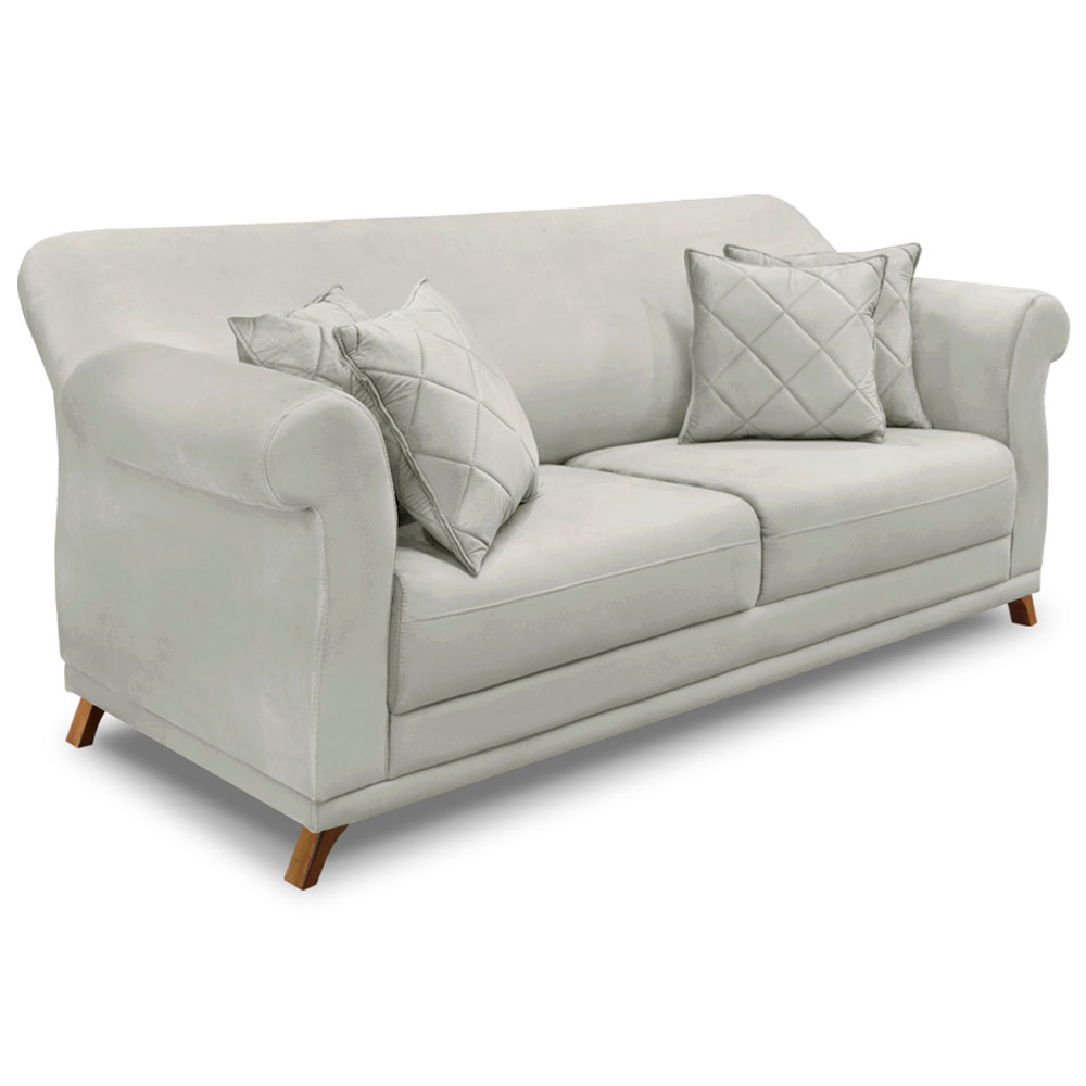 Kit 2 Poltronas e Sofá Living 2 Lugares 1,80m Vênus Veludo Cinza Prata Pés Castanho - Pallazio