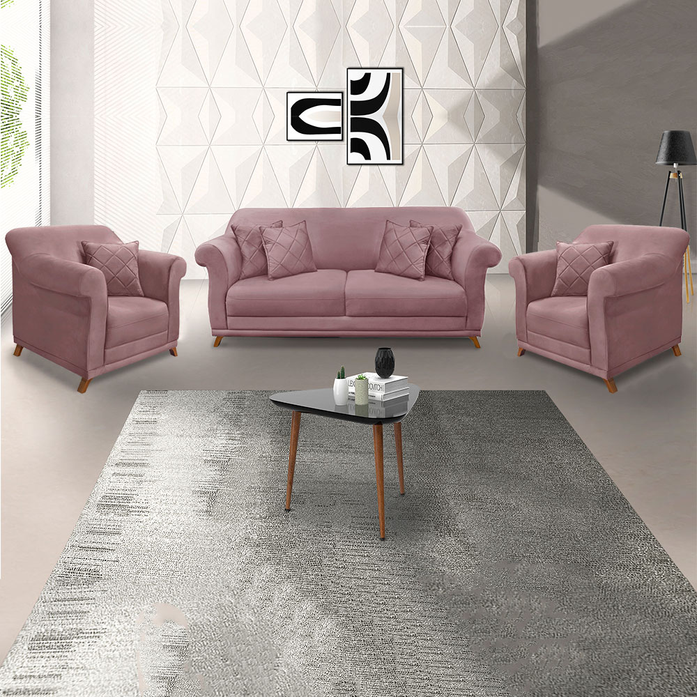 Kit 2 Poltronas e Sofá Living 2 Lugares 1,80m Vênus Veludo Lílas Pés Castanho - Pallazio