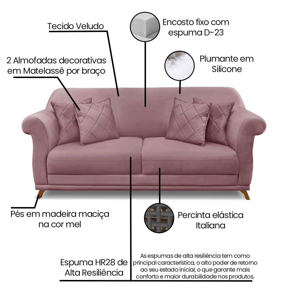Kit 2 Poltronas e Sofá Living 2 Lugares 1,80m Vênus Veludo Lílas Pés Castanho - Pallazio