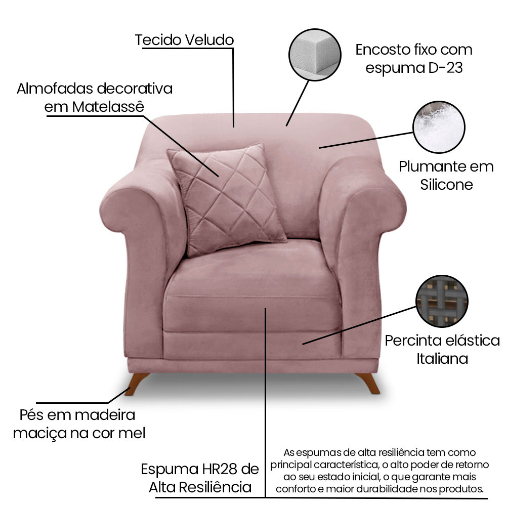 Kit 2 Poltronas e Sofá Living 2 Lugares 1,80m Vênus Veludo Lílas Pés Castanho - Pallazio