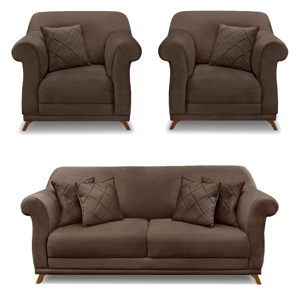 Kit 2 Poltronas e Sofá Living 2 Lugares 1,80m Vênus Veludo Marrom Pés Castanho - Pallazio