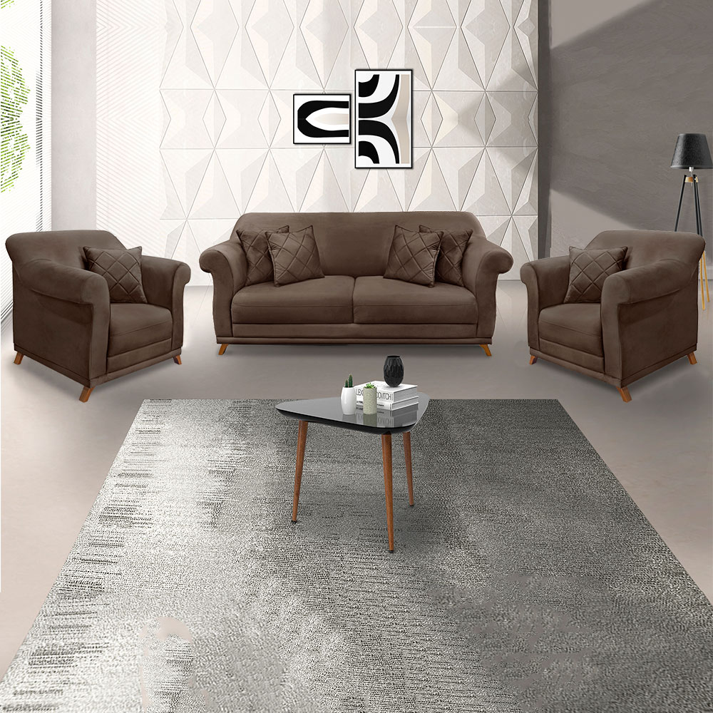 Kit 2 Poltronas e Sofá Living 2 Lugares 1,80m Vênus Veludo Marrom Pés Castanho - Pallazio