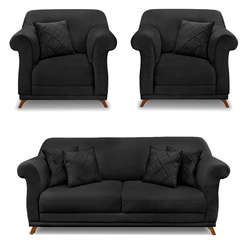 Kit 2 Poltronas e Sofá Living 2 Lugares 1,80m Vênus Veludo Preto Pés Castanho - Pallazio