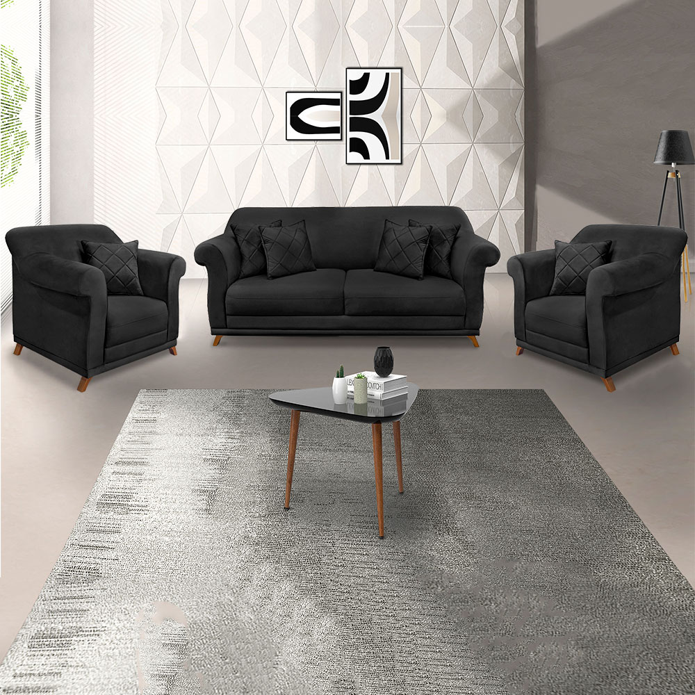 Kit 2 Poltronas e Sofá Living 2 Lugares 1,80m Vênus Veludo Preto Pés Castanho - Pallazio