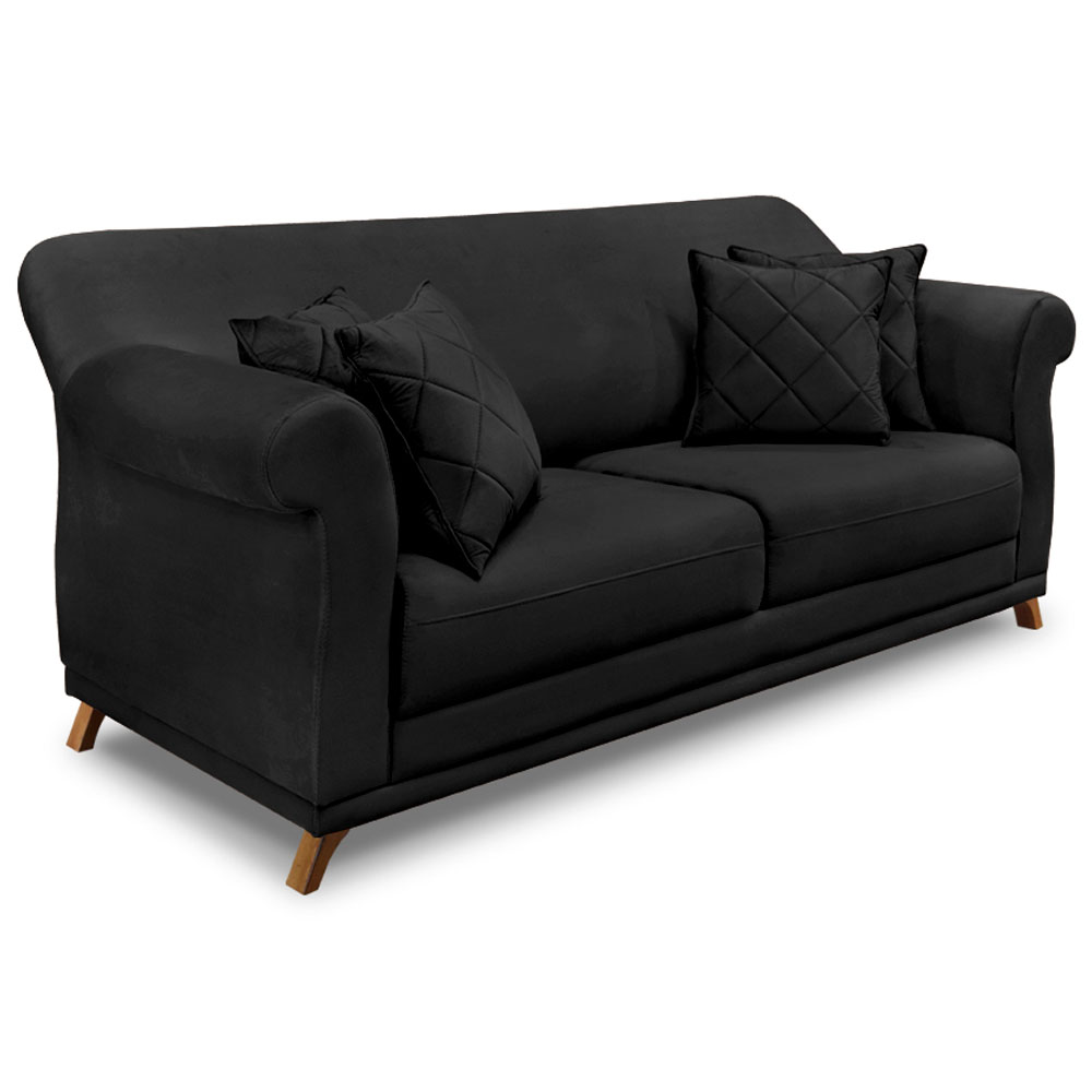 Kit 2 Poltronas e Sofá Living 2 Lugares 1,80m Vênus Veludo Preto Pés Castanho - Pallazio