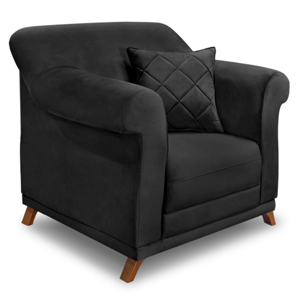 Kit 2 Poltronas e Sofá Living 2 Lugares 1,80m Vênus Veludo Preto Pés Castanho - Pallazio